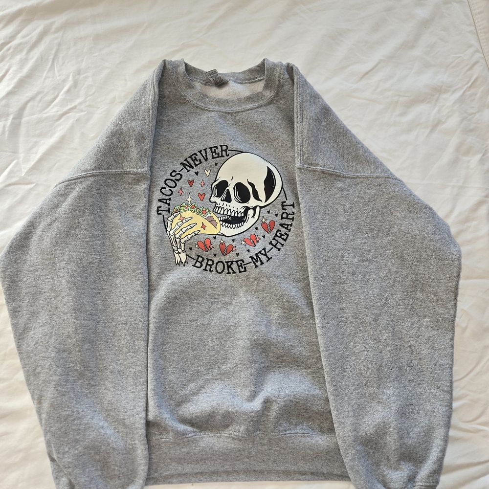 Gildan Gray Crewneck Sweater with Skull and Taco Design